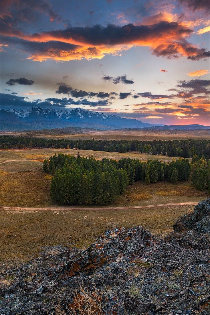 Лес, поля, скалы, закат Алтай, Россия